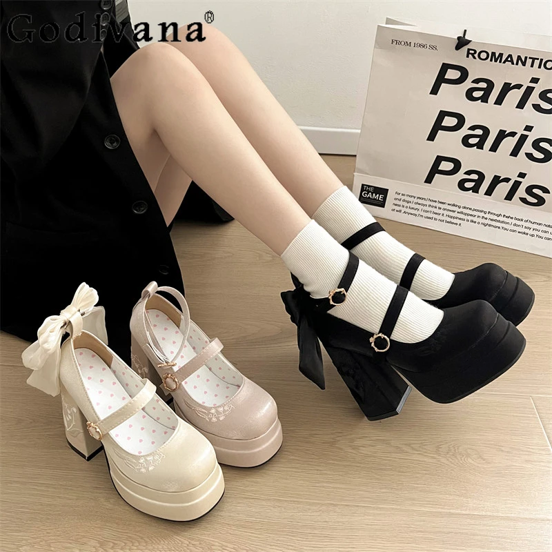 

Thick Soled High Heeled JK Shoes Women Mary Jane French Bow Lolita Shoes Girls Waterproof Platform Chunky Heel Single Shoes