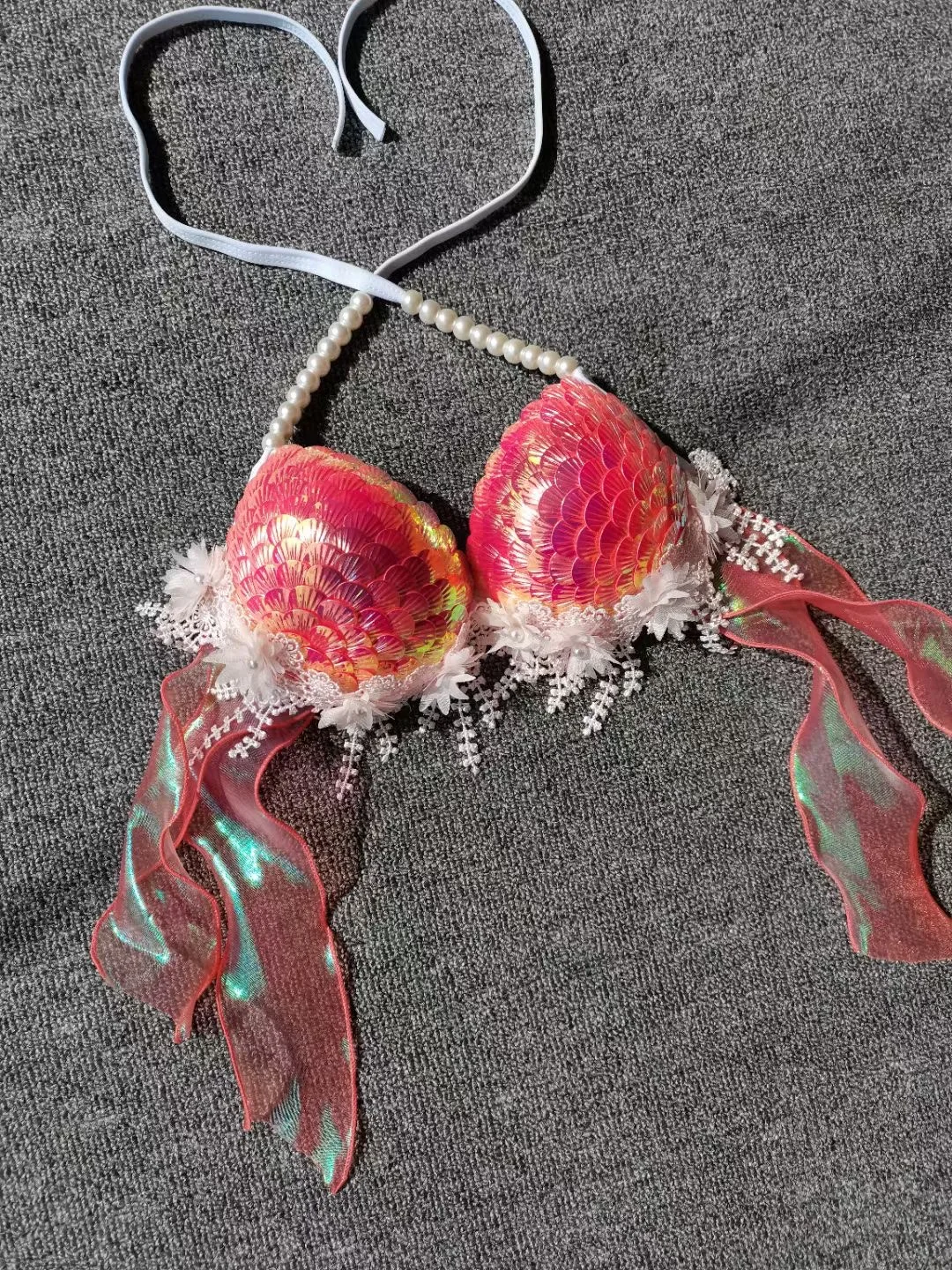 Handmade Mermaid Sequin Seashell Bikini Tassel Top Bra Oceanarium Bar Table Performance Dress Fishtail Leather