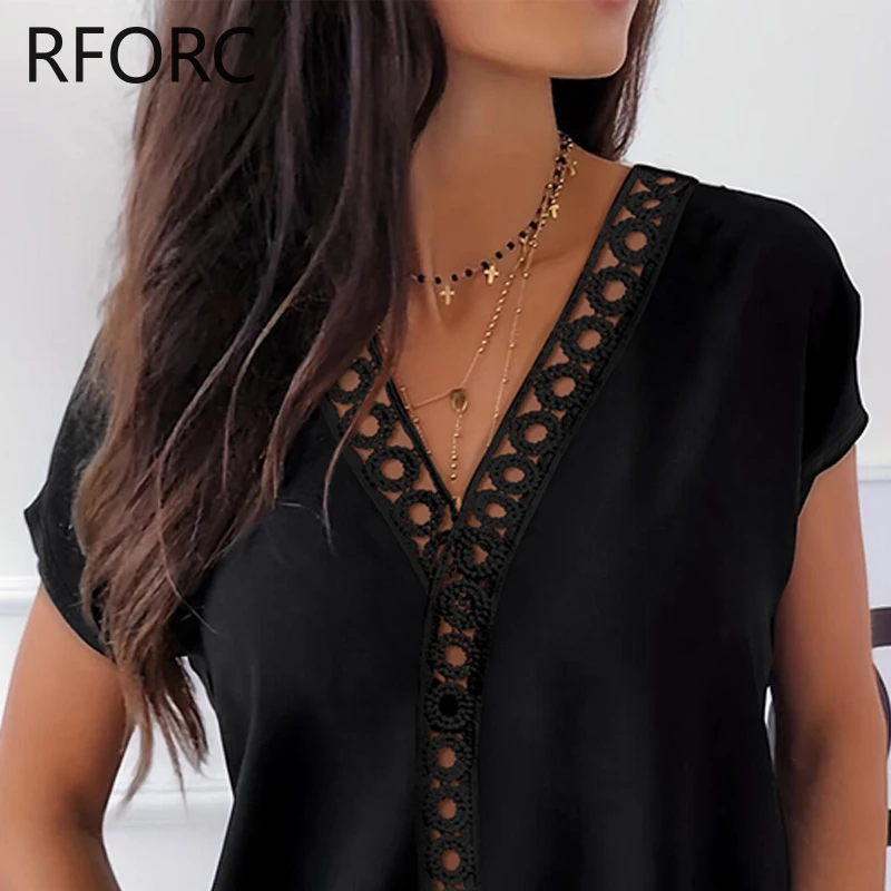 2024 Women Hook Flower Hollow Solid V Neck Short Sleeves Causal Black Blouse Top