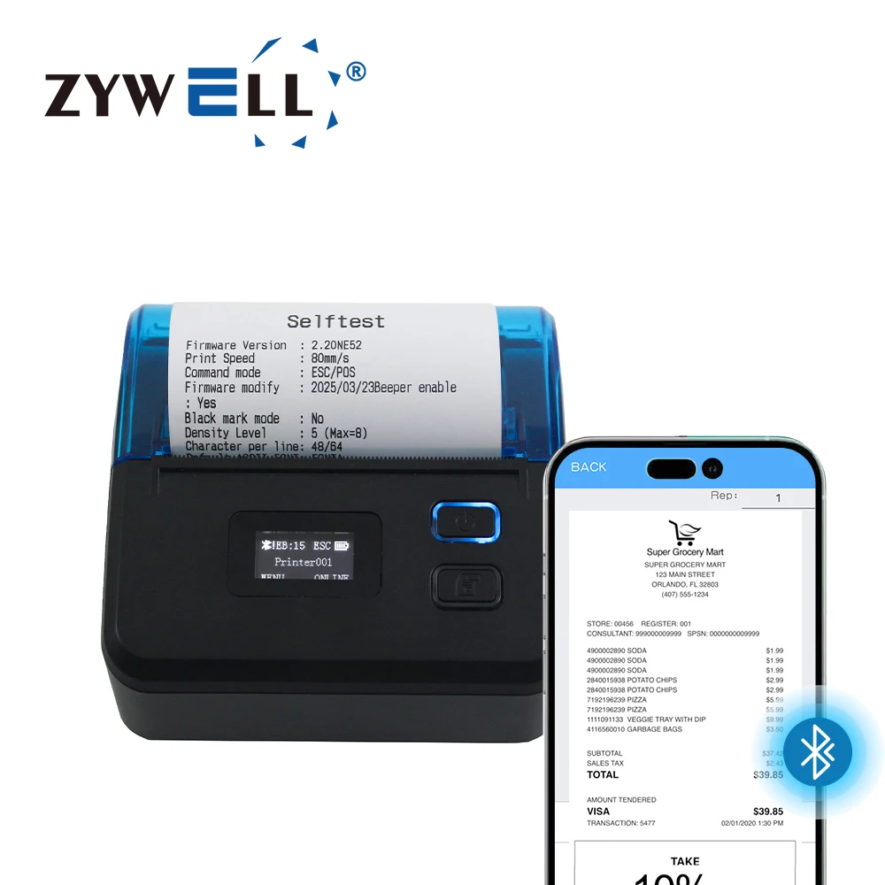

ZYWELL ZM06H Portable Wireless Receipt Printer for Small Business Mini Inkless 80mm Thermal Printer