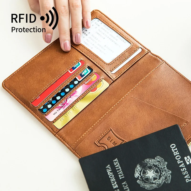 Portafoglio vintage da uomo d'affari con testo personalizzato, nome inciso, coperture per passaporto da viaggio Rfid, custodia multifunzione per porta carte di credito