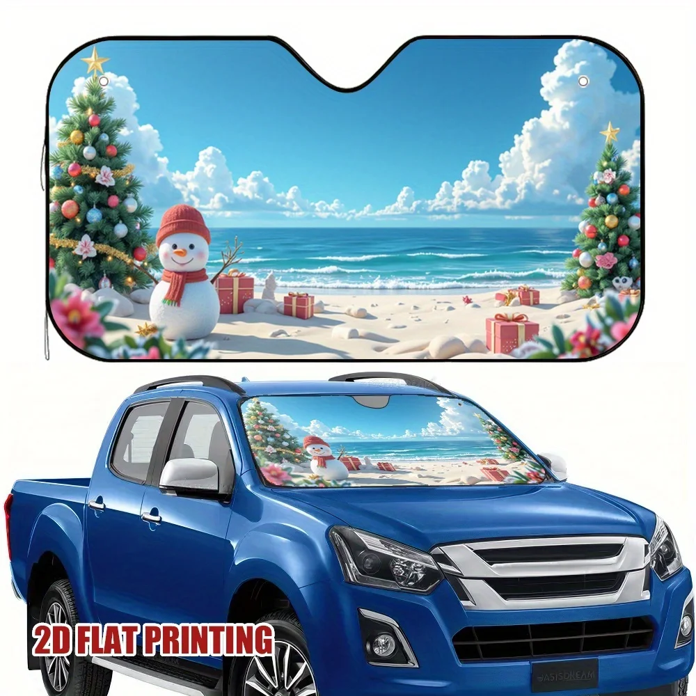 Tropical Christmas Snowman 2D Flat Print Sunshade Polyester Front Windshield Protector with Santa Hat & Gift Box Design