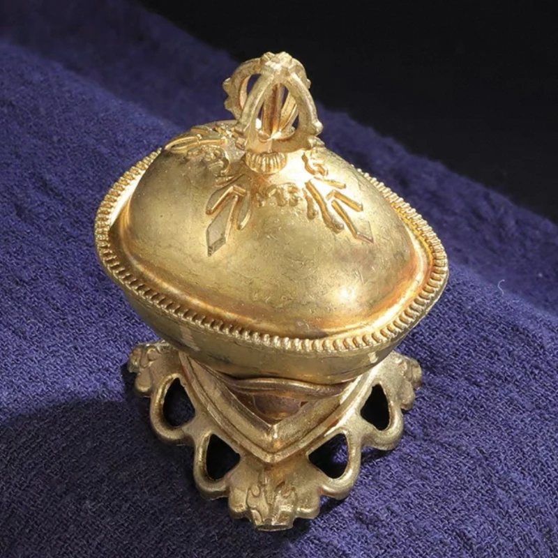 Nepalese Mini Brass Kapala Toba Bowl Carved Dharma Wheel Lid Tibetan Tantric Altar Ritual Vessel Religious Desktop Worship Decor