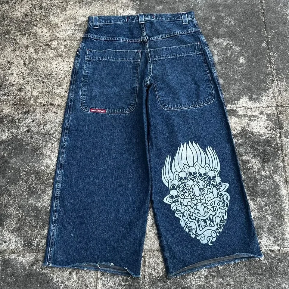 

JNCO Jeans Men Harajuku Hip Hop Skull Printing Blue Baggy Jeans New Gothic Fashion High Waist Wide Trouser Boyfriend Denim Jeans