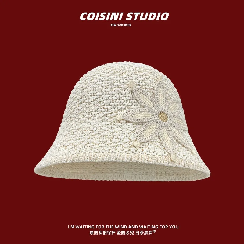 Korean Sweet Handmade Three-dimensional Flower Knitted Bucket Hat for Women Summer Sun Protection Foldable Breathable Sun Cap