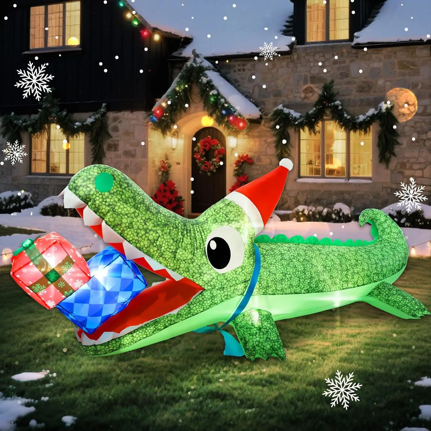 9.3 FT Christmas Inflatable Crocodile Yard Decoration, Blow-Up Xmas Alligator Outdoor Decor with Christmas Hat and Gift Box, Built-in LED Lights for Lawn Garden Indoor Outside Holiday Display
