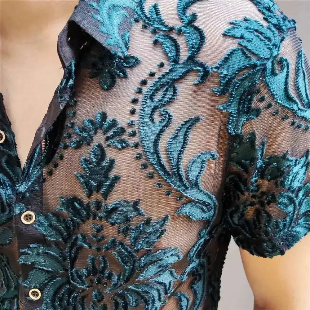 Green High Quality Transparent Floral Shirt Soft Velvet Slim-fit Men\'s Clothing Nightclub Short-sleeved Sexy Shirt See Through