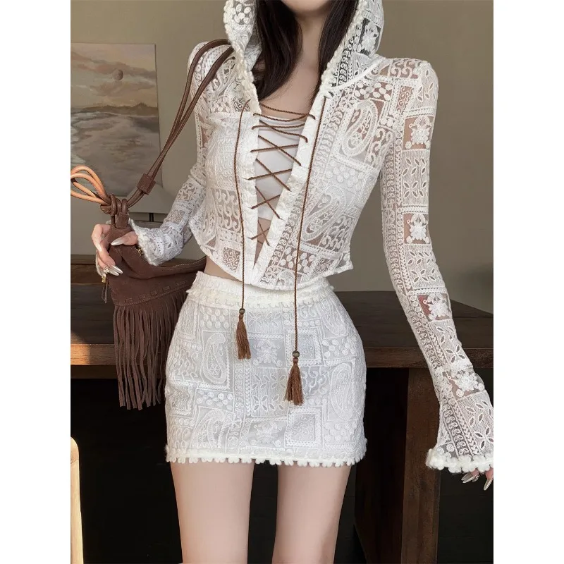 Vintage Korean Retro High Street Lace Crochet Hooded Lace-up T-shirt + Vest + Short Skirt Suit 3 Pieces Sets Y2k Suit