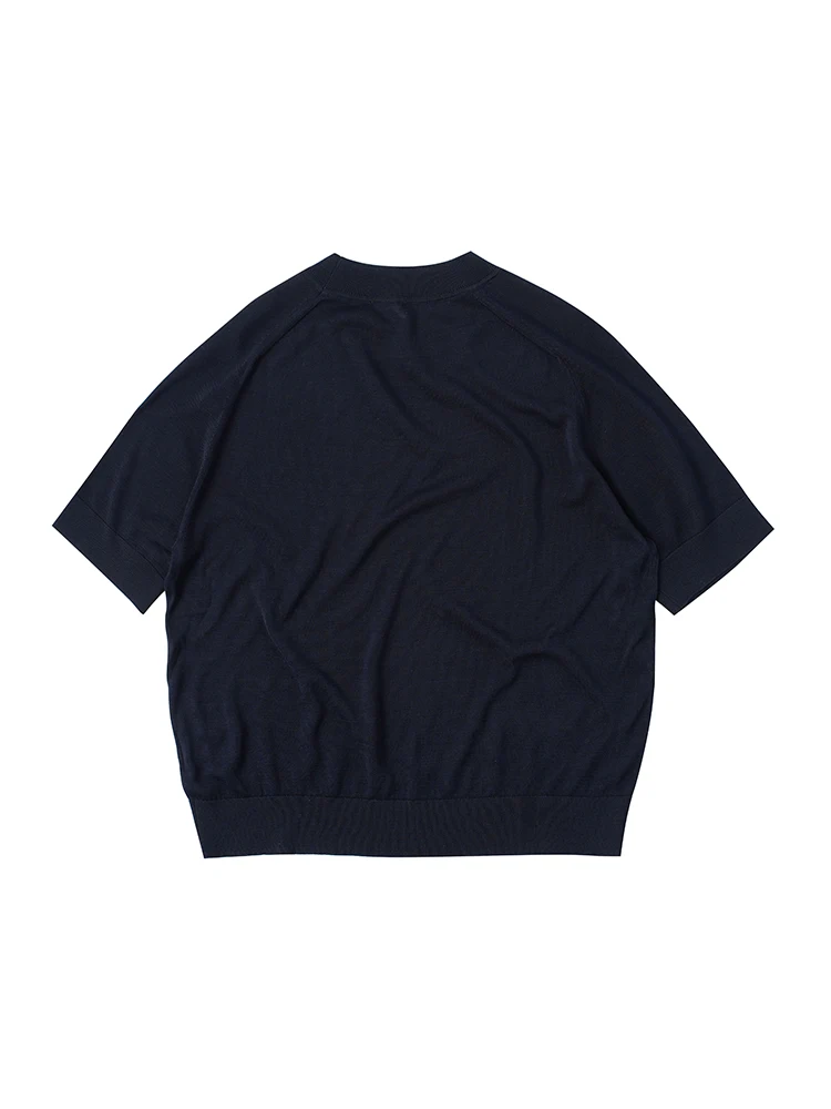 Bebé Dark Blue  Silk round Neck Short Sleeve T-Shirt Women's Casual American Style Shoulder Top Summer New Arrival