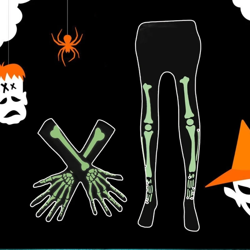 Halloween Skeleton Knees High Socks Luminous Skeleton Gloves Glow In Dark Stocking Socks Horrible Tights for Carnivals