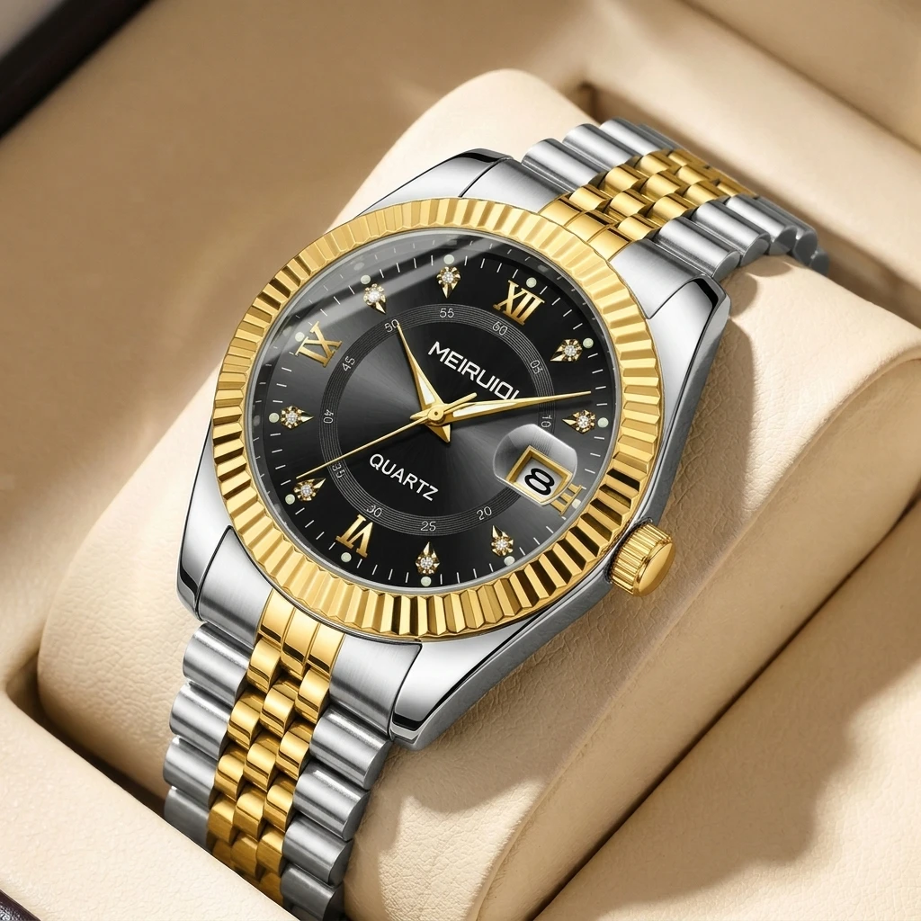 1 piece two-tone metal strap watch with black dial, Roman numeral markers, calendar, quartz movement