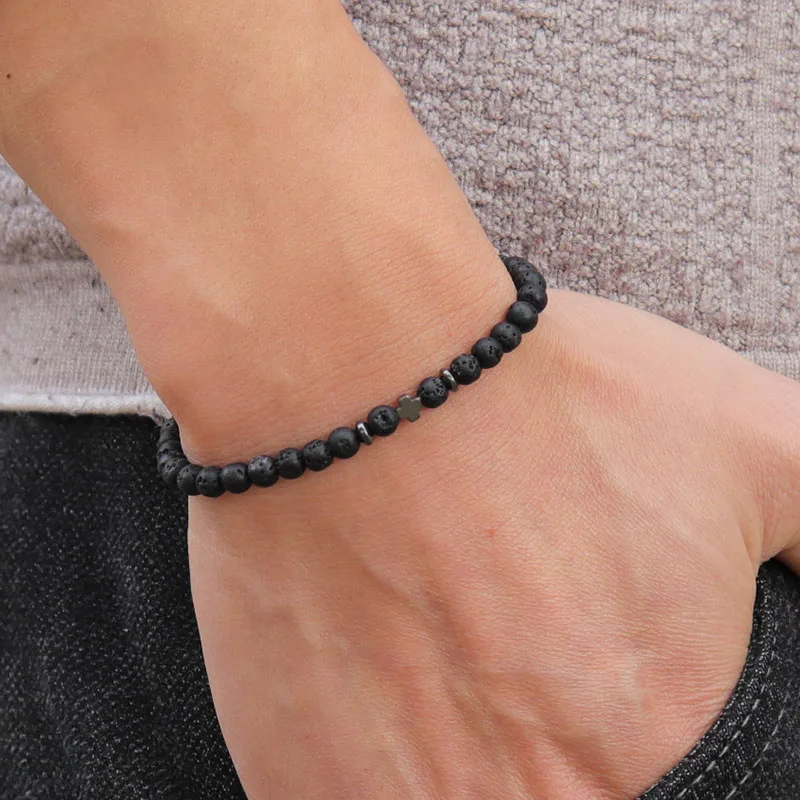 

Простой браслет с бусинами для мужчин, аксессуар для одежды, 4 мм, из натурального камня лава-хавлит, амулет, повседневное мужское украшение, Pulseira