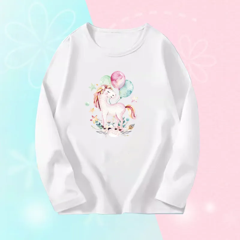 Cute Unicorn Girl‘s Long Sleeve T-shirts Little Girl Autumn Tees Shirts Kids Spring T-shirts Girl Cotton Purple T-shirts