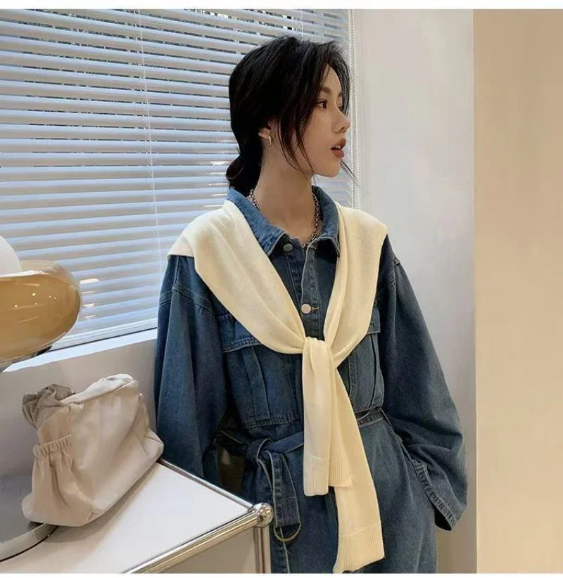 Korean Knitted Shawl Summer Air Conditioning Fake Collar Neck Guard Knit Thin Knotted Cape Shoulder Scarf For Women view 2