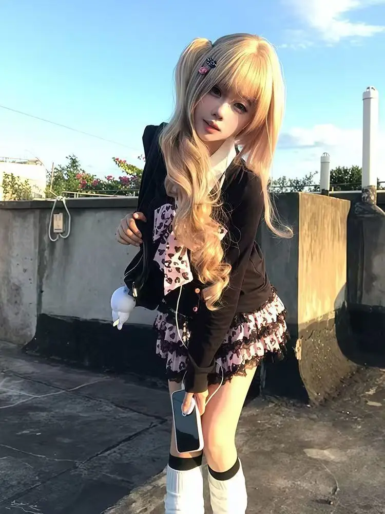 اليابانية Kawaii الرجعية لينة فتاة تنورة مجموعات لوليتا الحلو ولطيف بلوزات بأكمام طويلة + Y2k الدانتيل كعكة تنورة 2025 الخريف ملابس جديدة