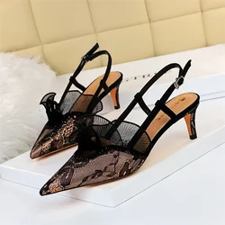 Summer New Fashion Mesh Pumps Sandals Pointed Toe Black Lace Hollow Ankle Strap High Heels Stiletto Dress Shoes Women