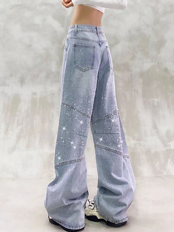 

Джинсы женские повседневные с дизайном из страз, с высокой талией, свободные, прямые, широкие штанины, с эффектом стройности