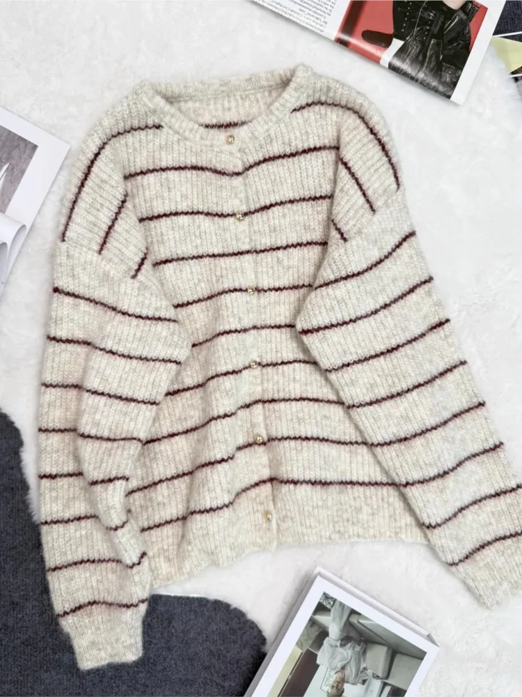 

Autumn And Winter New Contrast Striped Round-neck Retro Knitted Cardigan Fashion Women's Commuting Long-sleeved Sweater Jacket