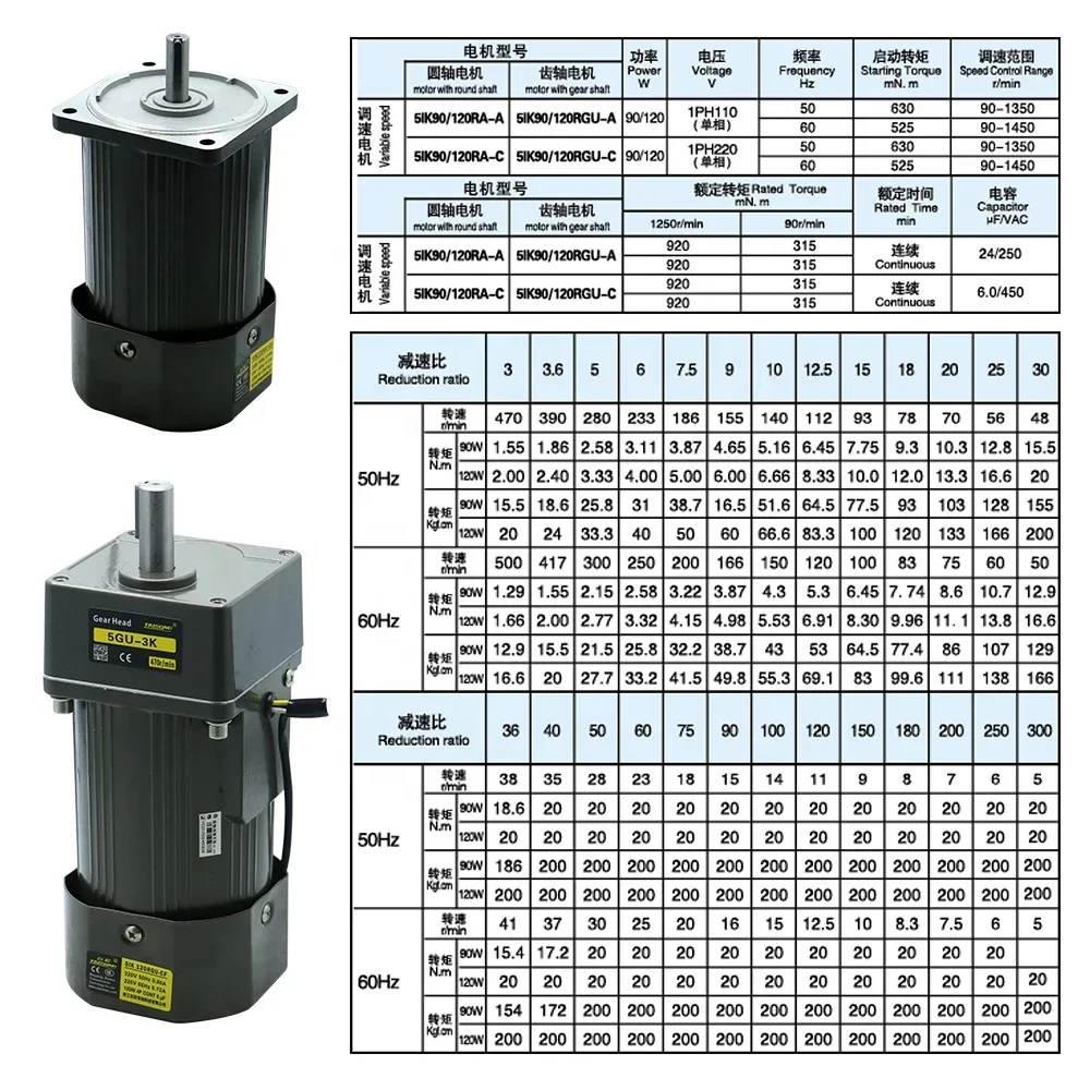 120W Induction Motor 3 Phase or Single Phase 110/220/380V Electric AC Gear Motor 90w Gear Motor With Speed Controller