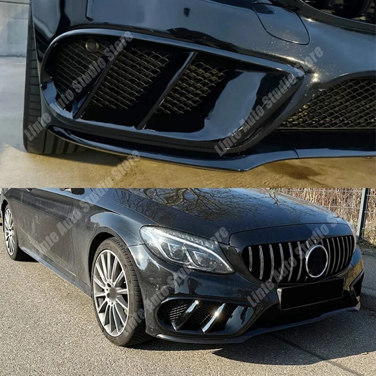 Gloss Black ABS Front Bumper Canards For Mercedes-Benz C Class W205 S205 Sport AMG 2015-2019 Air Vent Fog Light Cover Trims Kits