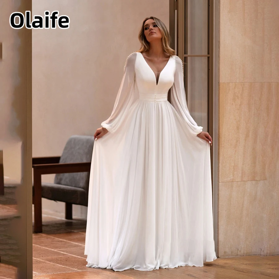 

Olaife V-Neck Bridal Dresses with Peals Long Sleeves Chiffon Floor Length A-line Wedding Dres Perfect Combination of Elegance