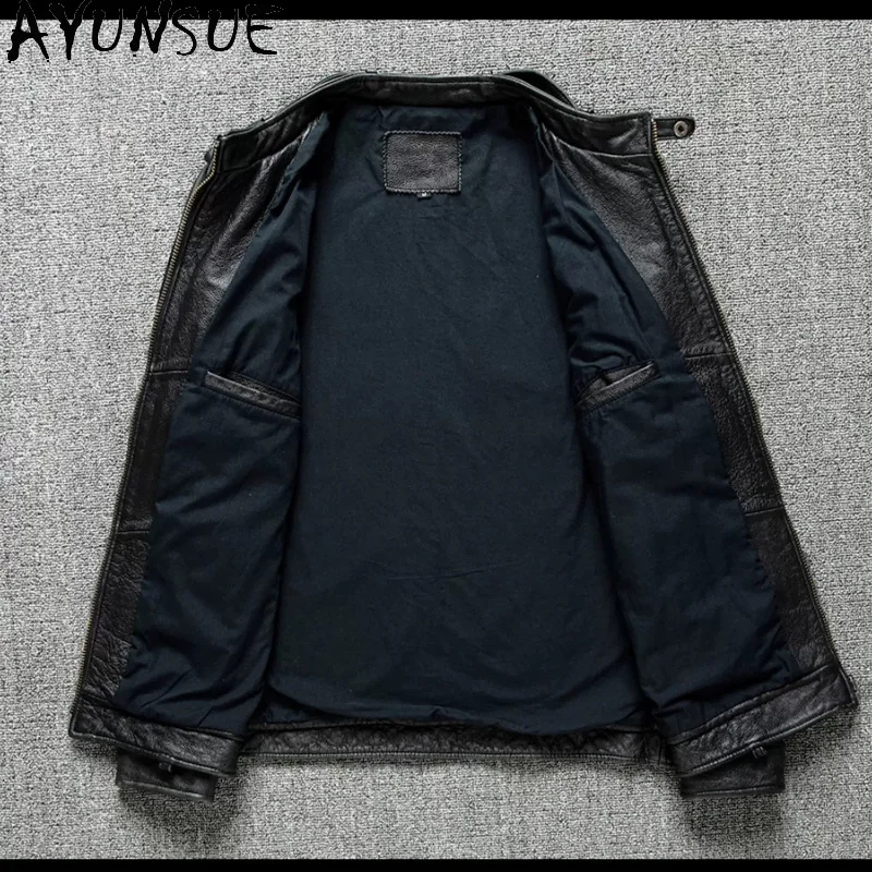 AYUNSUE 100% Genuine Leather Jacket Men 2026 Vintage Short Washed Distressed Biker Coat Real Top Layer Cowhide Jackets Outerwear