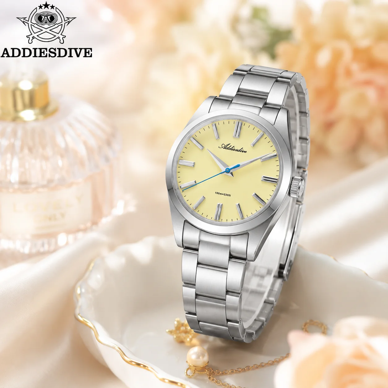 ADDIESDIVE Elegant Bubble Mirror Glass Sapphire Glass Watches BGW9 Luminous Stainless Steel 100M Waterproof Women's Quartz Watch