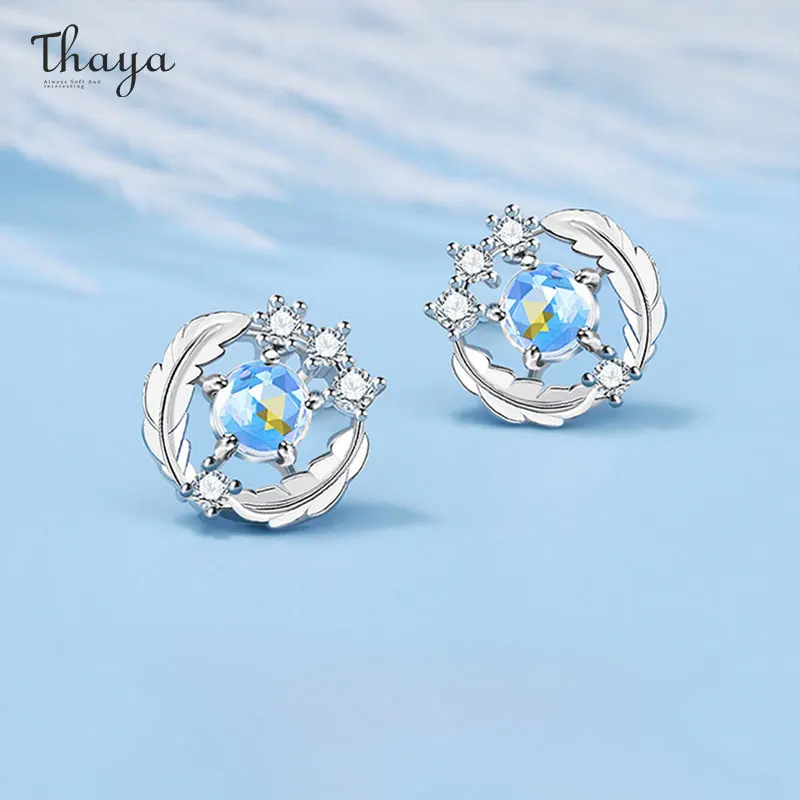 

Thaya S925 Silver Stud Earrings for Women Feather Design Moonstone Elegant Female Earring Party Jewelry Fashion Accessories