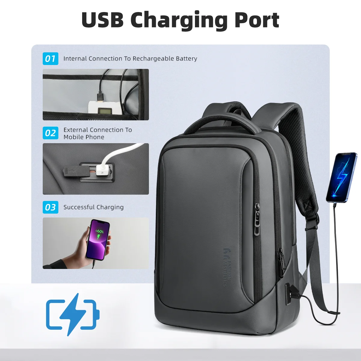 حقيبة ظهر رجال الأعمال من HcanKcan، حقائب كمبيوتر محمول متعددة الوظائف، سعة كبيرة، حقيبة ظهر للسفر، حقيبة مدرسية مقاومة للماء مع منفذ USB #5