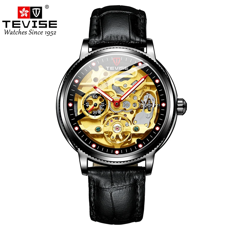 TEVISE Automatic Leather Hollow meccanico per uomo impermeabile luminoso Business & Fashion orologio da polso in acciaio inossidabile