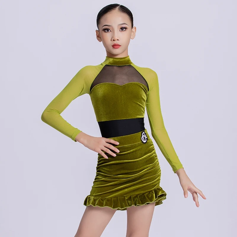 Falda verde de manga larga con cuello alto, vestido de baile latino, trajes de práctica de baile Chacha Rumba, trajes de actuación, ropa DQL11554