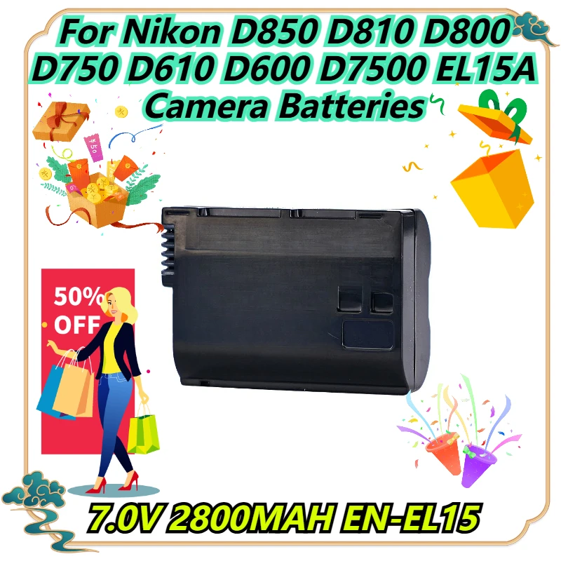 

7.0V 2800MAH EN-EL15 For Nikon D850 D810 D800 D750 D610 D600 D7500 EL15A Camera Batteries