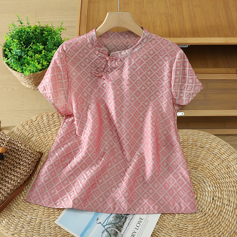 

Korean Style plus Size Women's Cotton Linen Base Shirt New Chinese Style Embroidered T-Shirt Short Sleeve Artistic Commute Style