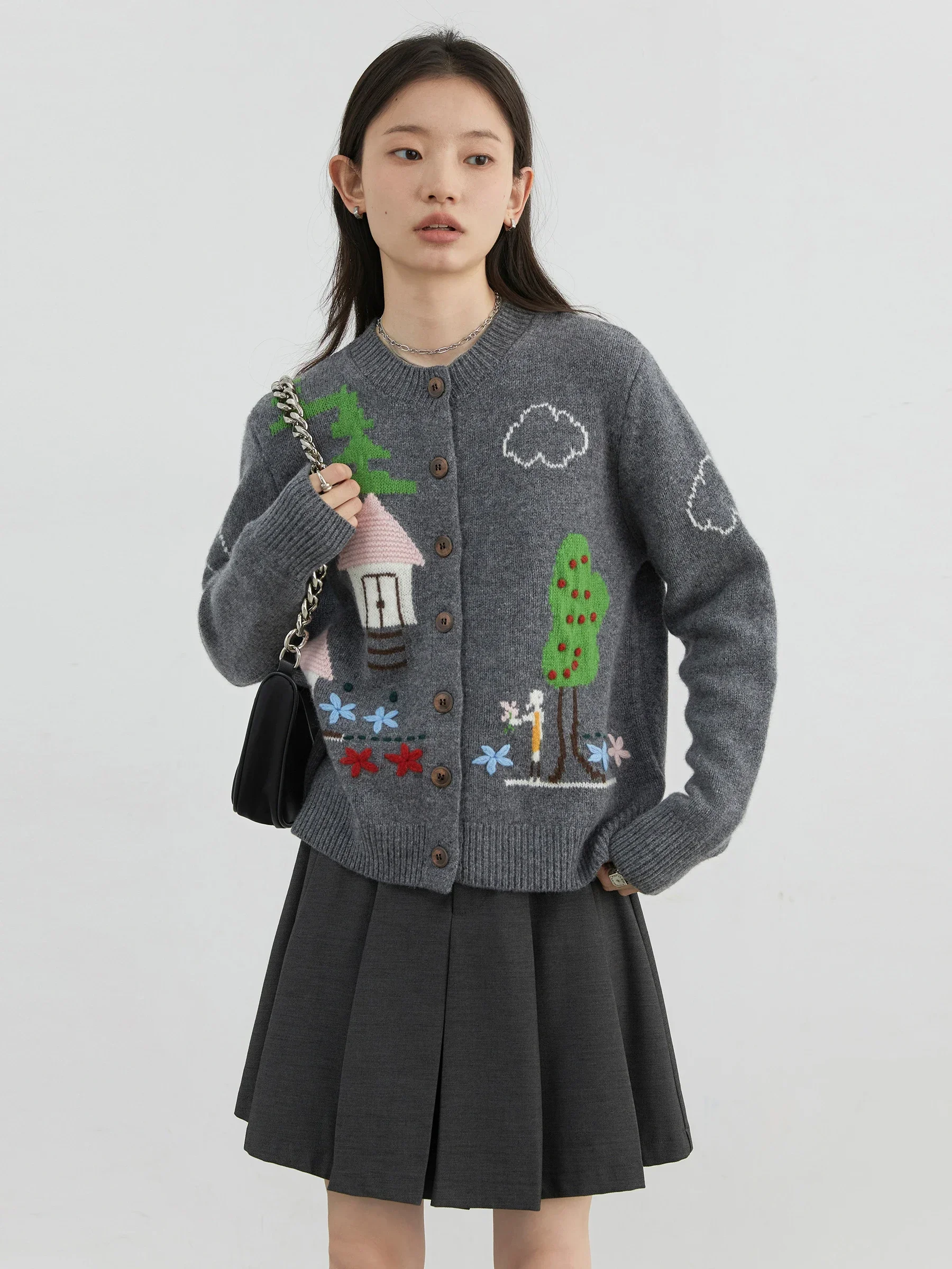 شيك فين الكورية النساء البلوزات مكتب فضفاض سترة مشغولة من الصوف كم طويل لاعبا فتاة ملابس خارجية تريكو خريف شتاء 2024