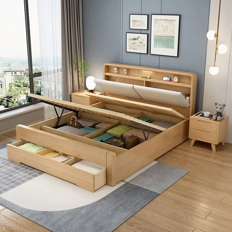 Wholesale Minimalist Storage Solid Wood Bed With Drawer Led Bedside Lamp Charging Socket Bedroom Furniture