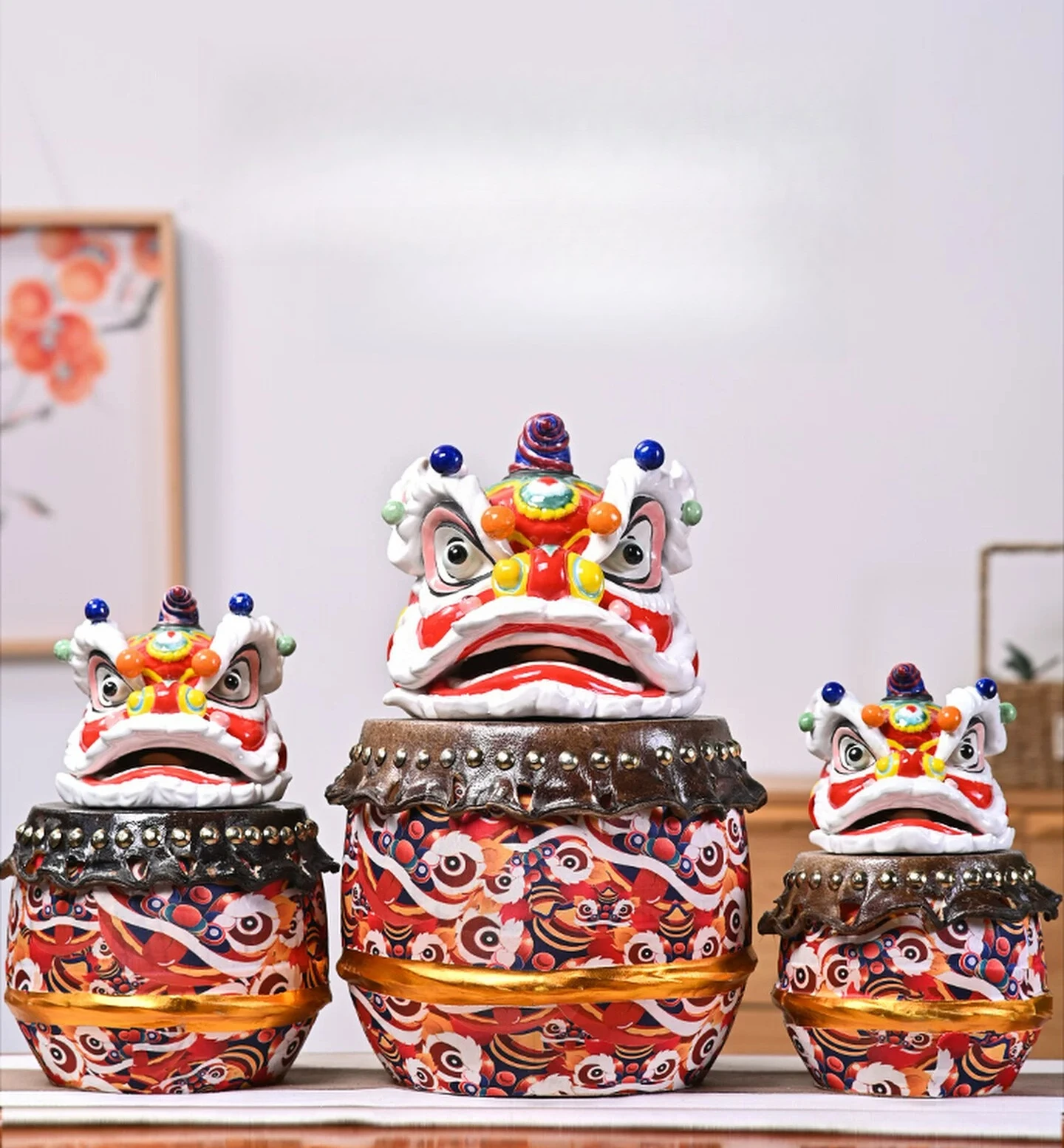 For Ceramic Lion Dance Ornament Creative Lion Head Drum Soft Decoration Crafts