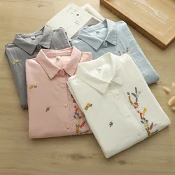 2026 Spring 100% Cotton Yarn Shirts Women Japan Fashion Turn-down Collar Loose Tops Girl Long Sleeve Embroidery Blouses