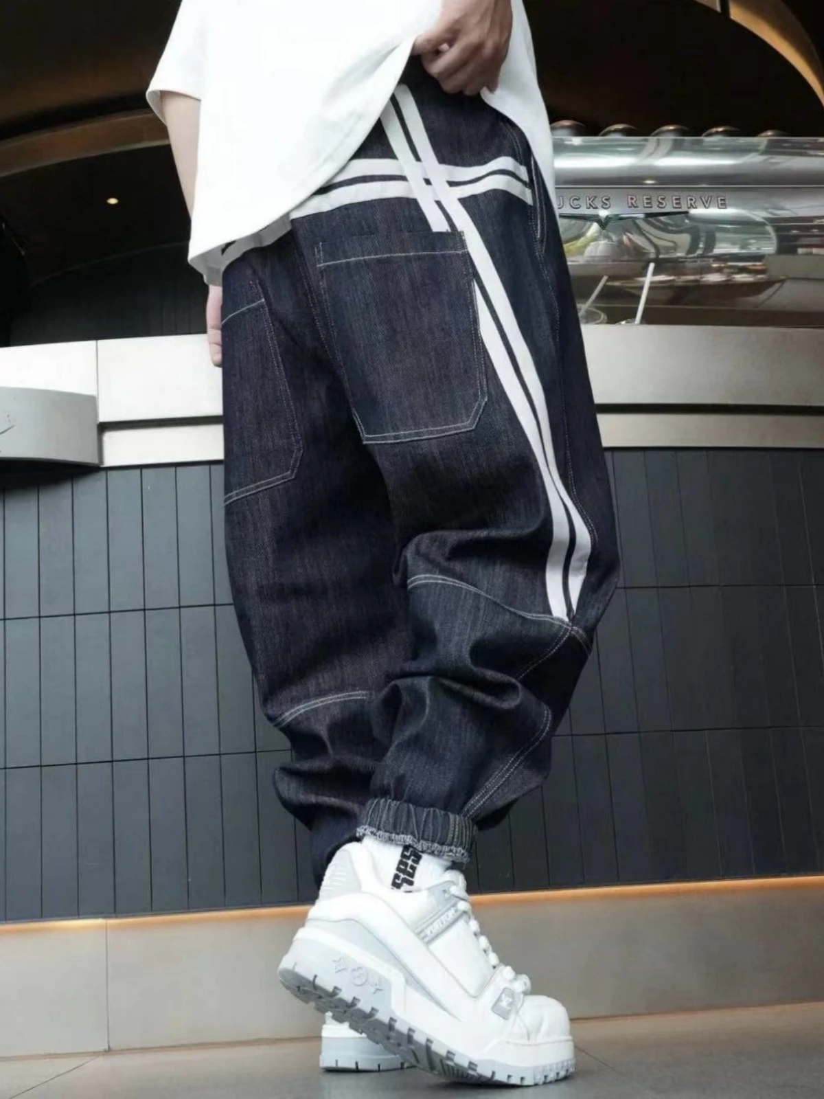 

Новые мужские джинсы из плотного денима с поясом и отворотами, повседневные, свободного кроя, в стиле Харадзюку, модные, универсальные, дышащие