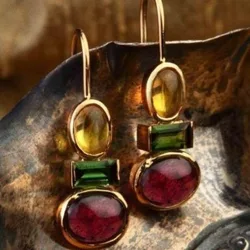 Dazzling Gold Color Round Yellow Green Red Stone Dangle Earrings for Women Fashion Geometry Engagement Wedding Earrings