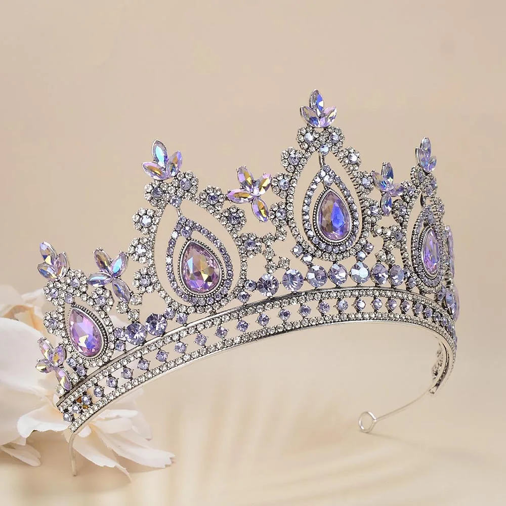 Baroque Antique Silver Color Bling Purple Crystal Royal Crowns Bridal Tiaras Rhinestone Pageant Diadem Wedding Hair Accessories