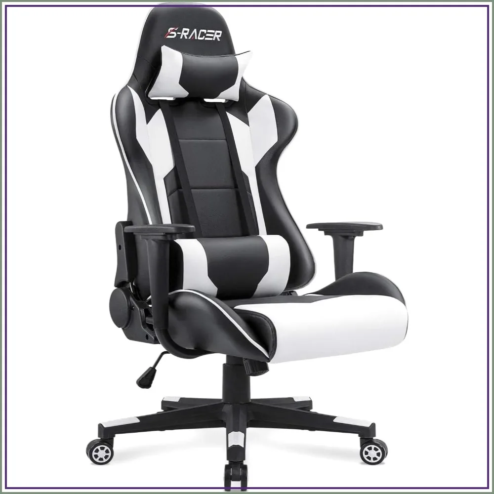 High Back Gaming Chair, Leather Office Desk Chair, Ergonomic Racing Style, Adjustable Swivel with Headrest & Lumbar Support, White