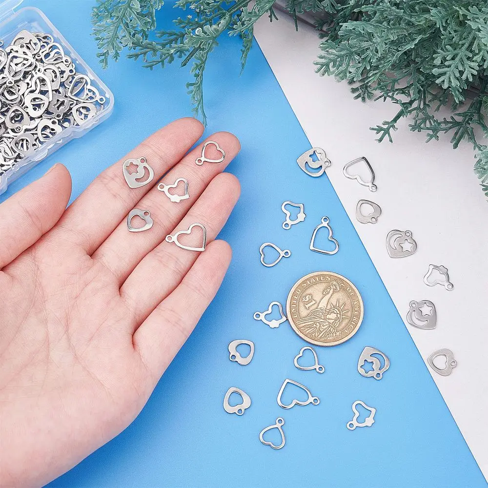 150Pcs 5 Style 304 Stainless Steel Open Pendants Hollow Heart Stainless Steel Color 30pcs/style