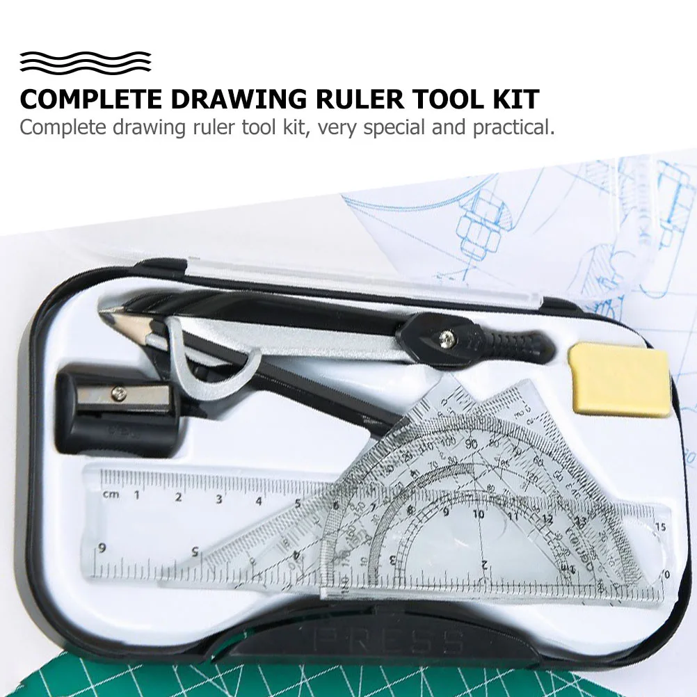 8pcs Drawing Supplies Set Plastic Alloy Compass Ruler Drafting Tools Stationery Kit Geometry Math Tool Eraser Practical