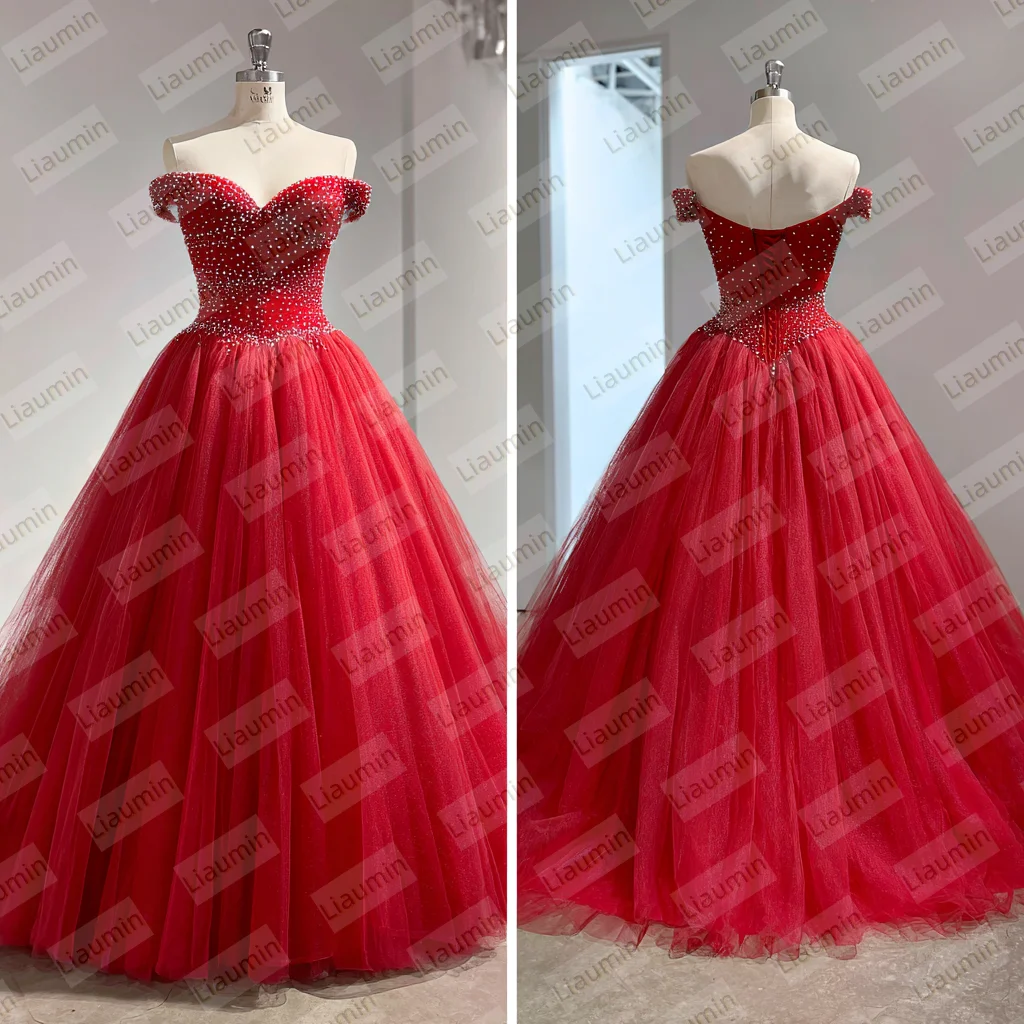 Red A Line Lace Applique Beading Off The Shoulder Wedding Formal Prom Dresses Bridal Floor Length Customized Hand Made W19-41