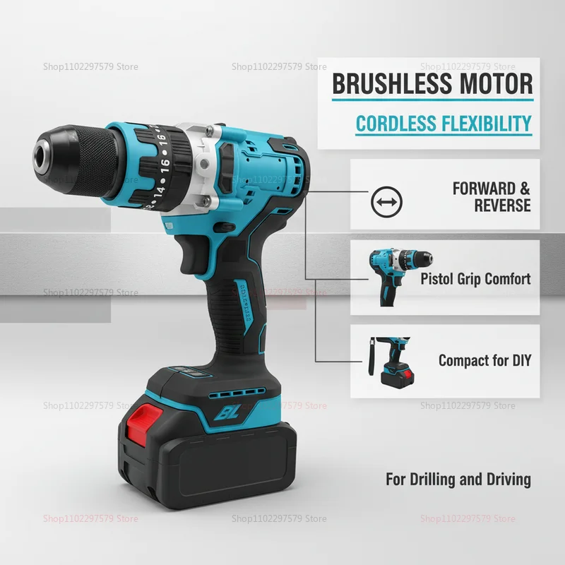 18V Brushless Cordless Impact Drill 480NM Electric Screwdriver Power Tool Rechargeable Drill Driver Compatible with Battery