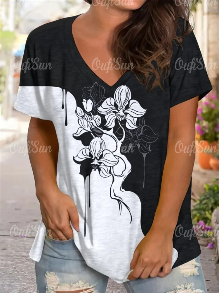 

Black And White Floral Print Women V-Neck T-Shirts Casual Pullover Loose Short Sleeves Oversized Tee Shirt Female Clothing 2024