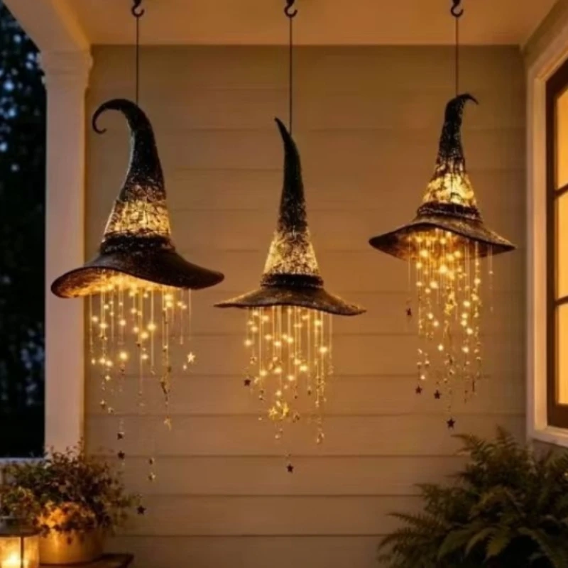 Glowing Halloween Witch Hat with Cascading,Hanging Decoration for Porch, Window, Tree, Yard, Patio, Indoor & Outdoor Party Decor