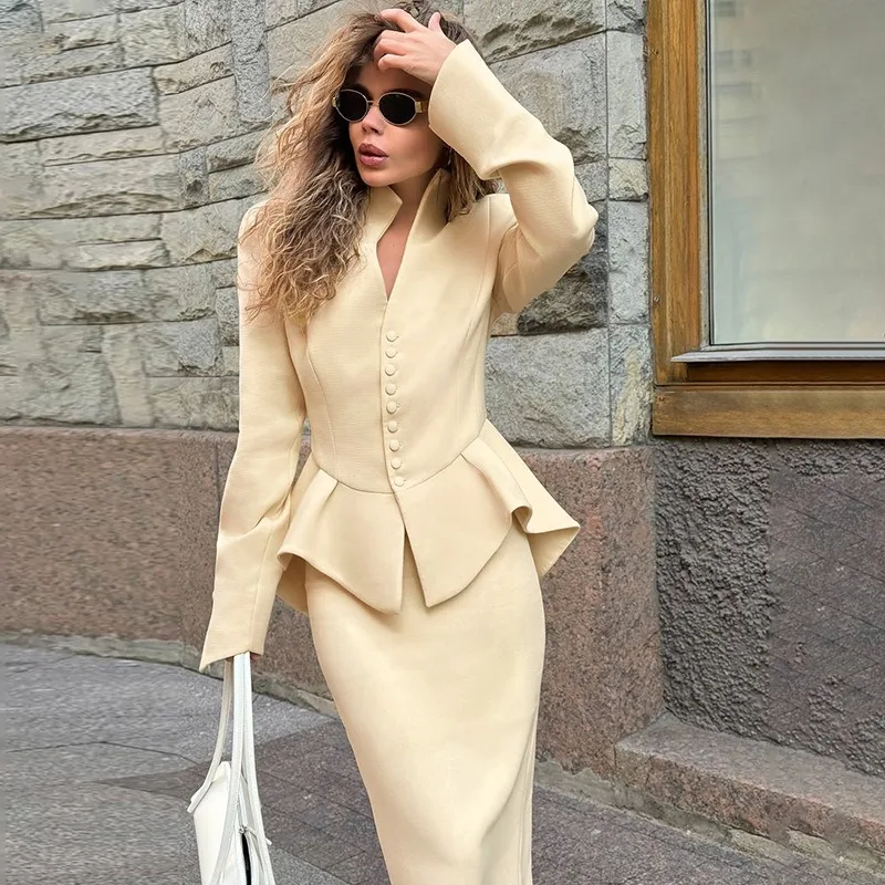 

European and American 2025 autumn new style temperament stand collar button suit jacket slim fit hip hugging skirt set for women