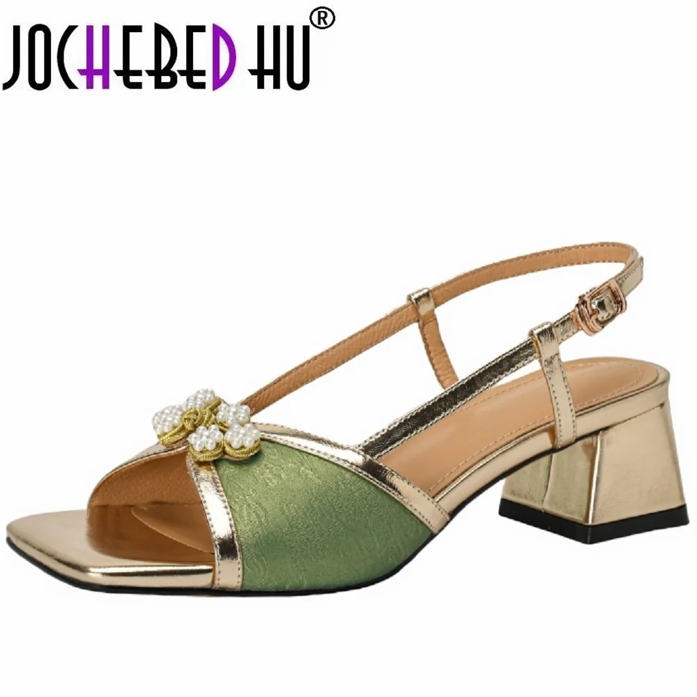 【JOCHEBED HU】Brand Genuine Leather Sandals Cross-lace Square Toe Thin Heel Sweet Sexy Women Shoes Dress Summer New Arrival 34-40