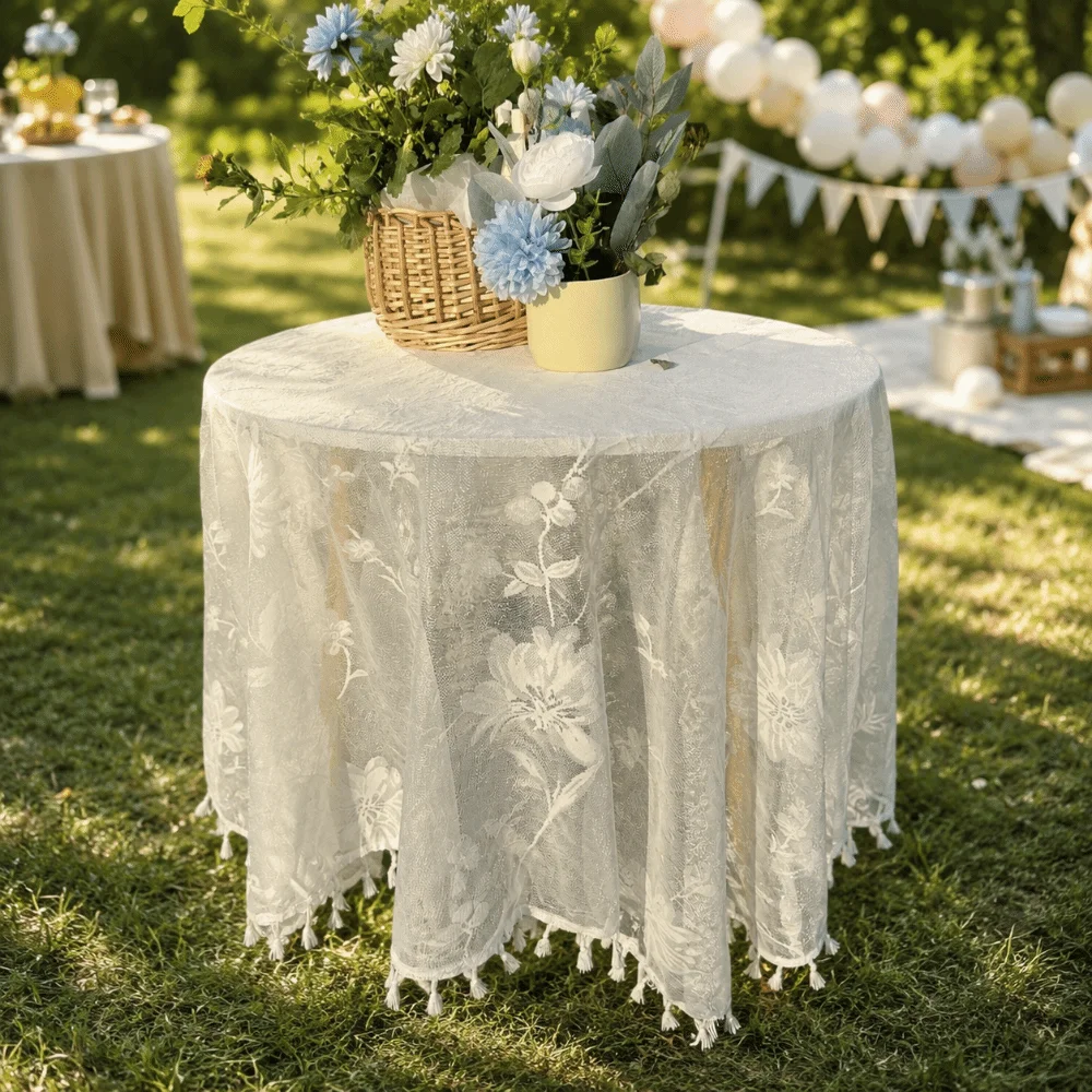 

Washable Vintage Pompom Tassel Tablecloth Dust-Proof Round Lace Tablecloth Cotton Embroidered French Table Cover Decor Picnic
